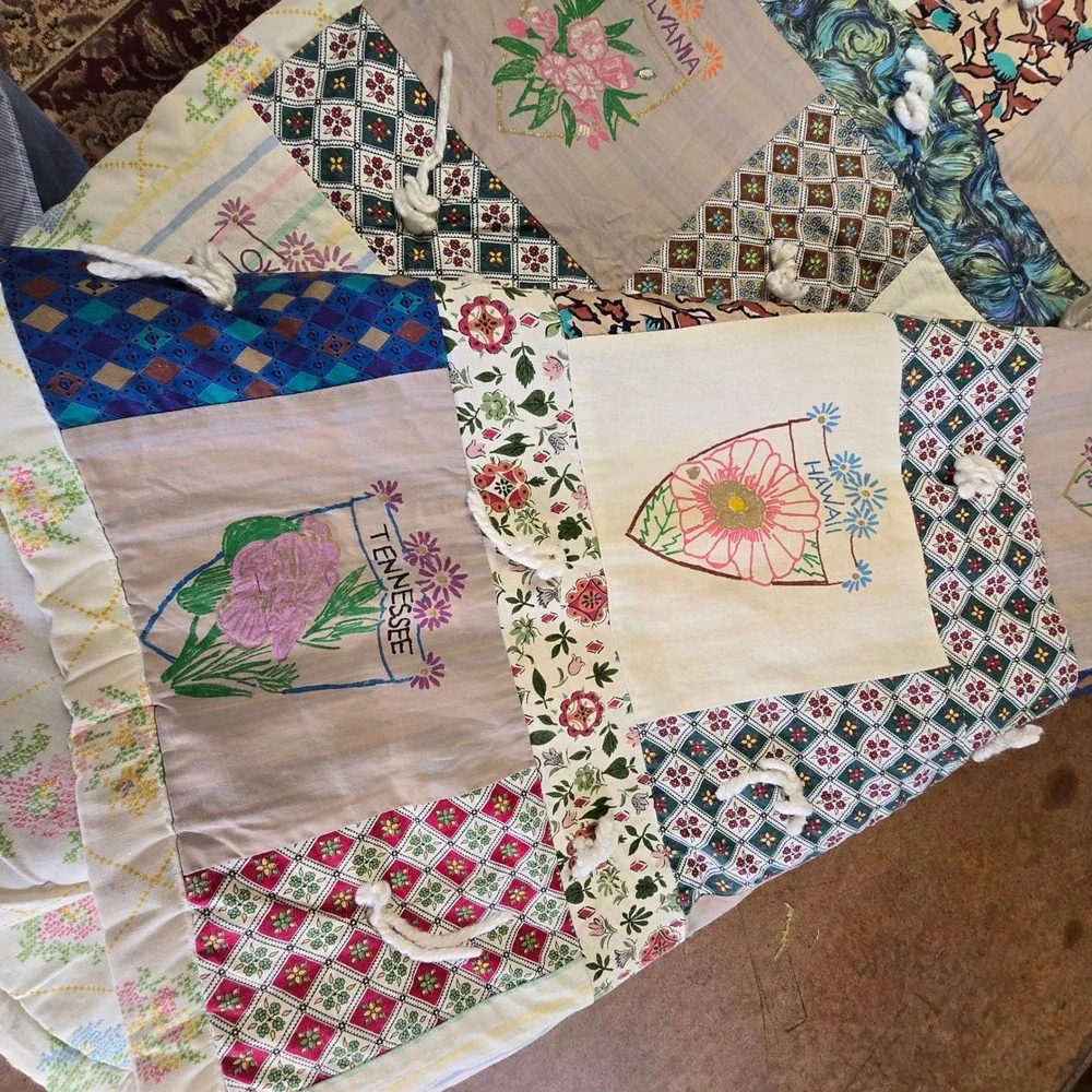 Vintage Handmade Quilt USA State Flowers Patchwork Folk Art Cottagecore 57x90